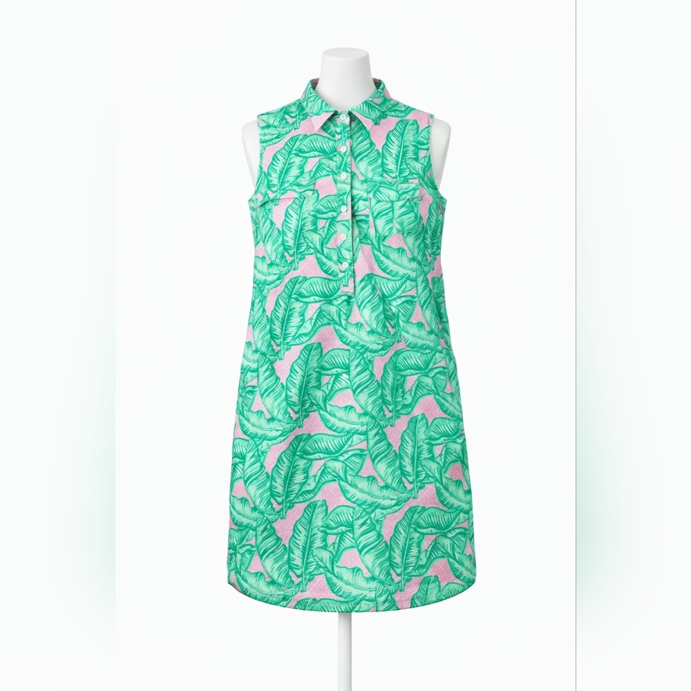Vineyard Vines  Sleeveless Collared Shirt Dress Palm Leaf Print Pink Green Sz. 2